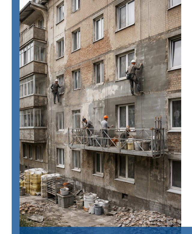 Капитальный ремонт фасада в Нижнекамске с восстановлением и гидроизоляцией