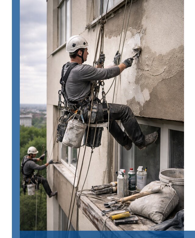 Косметический ремонт фасада зданий в Нижнекамске промышленными альпинистами
