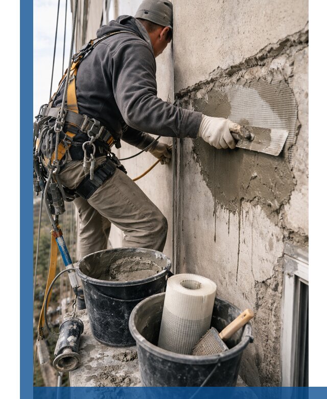 Ремонт бетонных элементов фасада промышленными альпинистами в Нижнекамске