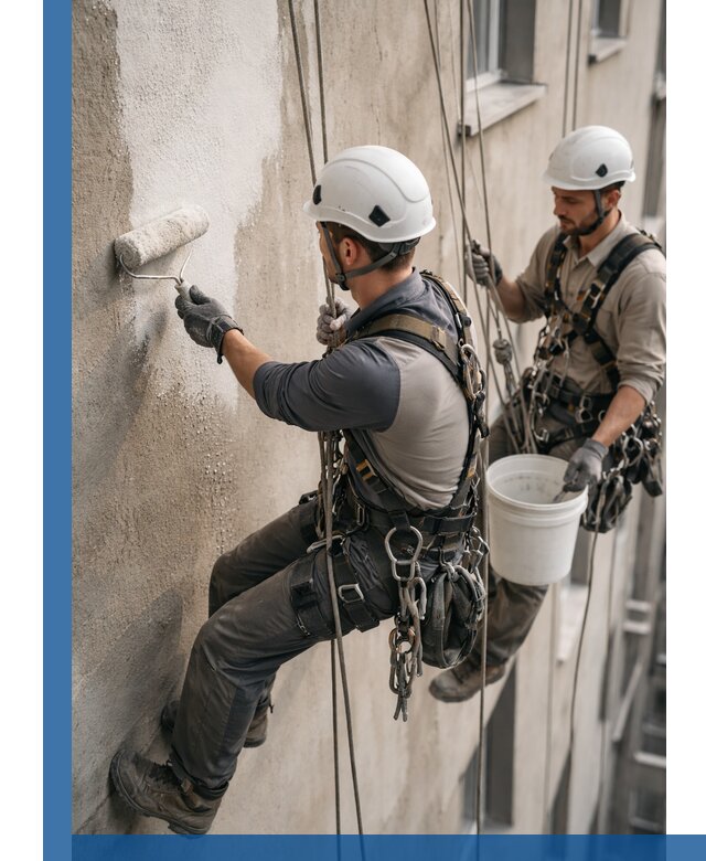 Грунтовка фасада на высоте в Нижнекамске промышленными альпинистами