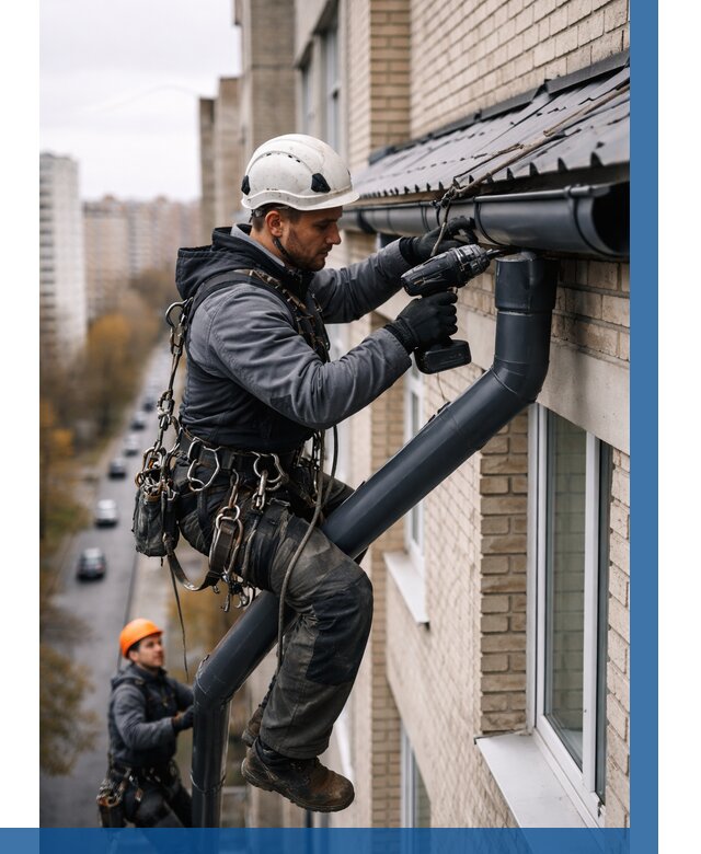 Монтаж водосточной системы на здании в Нижнекамске от 5070 р. | ВЫСОТНИК-Нжм