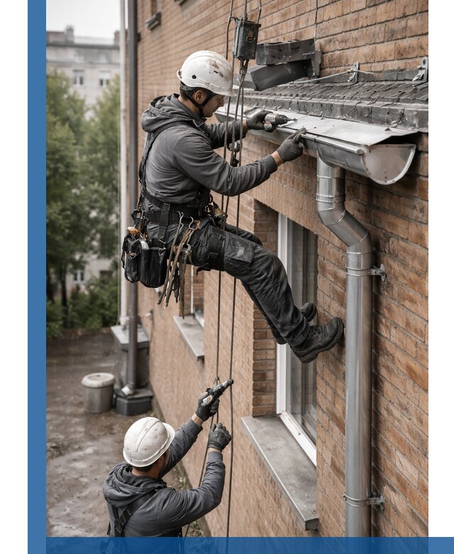 Монтаж водосточной системы на здании в Нижнекамске под ключ