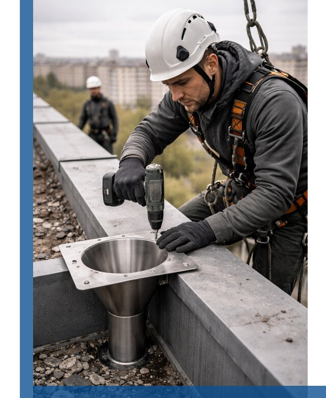 Монтаж водосточных воронок в Нижнекамске для промышленных зданий