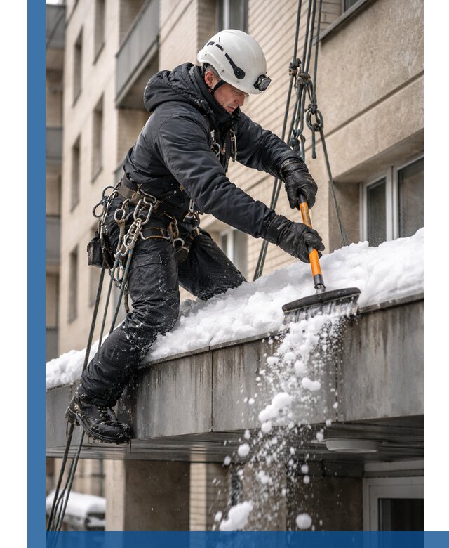 Очистка козырьков от снега в Нижнекамске круглогодично безопасно