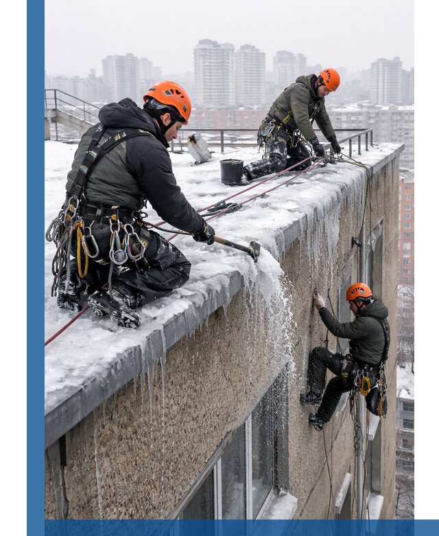 Удаление наледи с кровли в Нижнекамске промышленными альпинистами