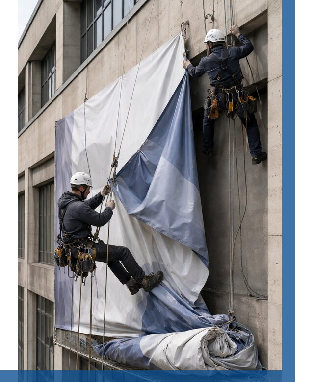 Демонтаж баннеров с фасада в Нижнекамске от 4563 р. | ВЫСОТНИК-Нжм