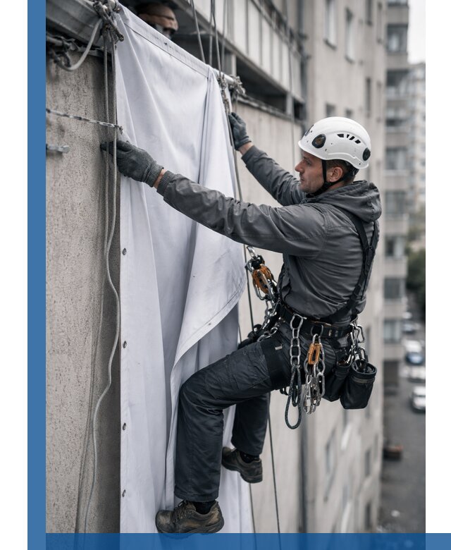 Замена баннерного полотна промышленными альпинистами в Нижнекамске