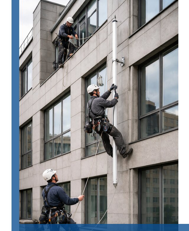 Монтаж флагштока на фасаде здания с креплением и герметикой в Нижнекамске