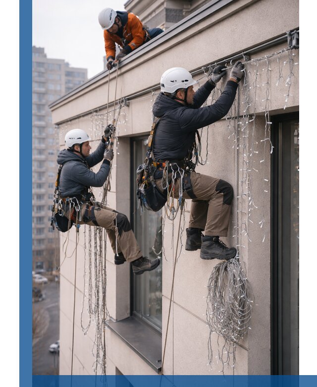 Монтаж праздничных гирлянд на фасаде в Нижнекамске для зданий