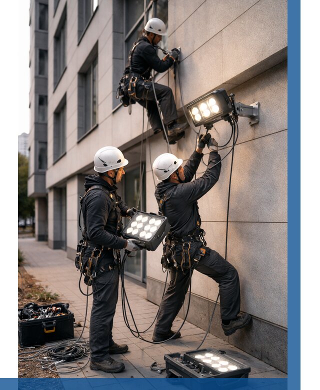 Монтаж прожекторов на фасаде в Нижнекамске от 7604 р. | ВЫСОТНИК-Нжм