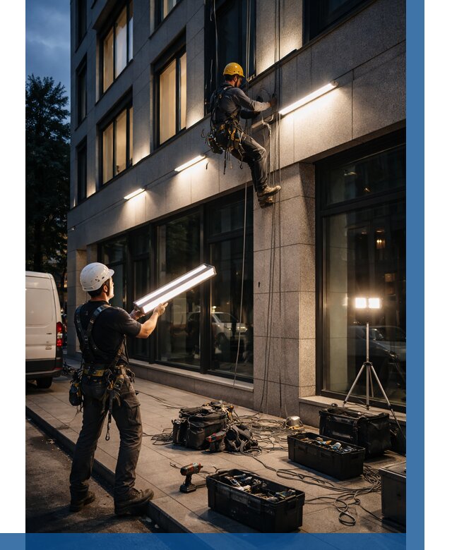 Монтаж архитектурной подсветки здания в Нижнекамске от 2535 р.|ВЫСОТНИК-Нжм