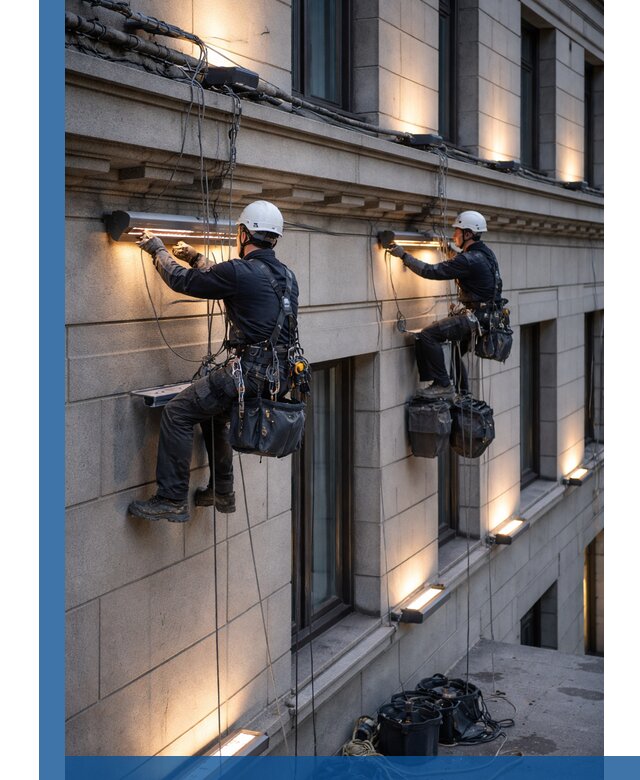 Монтаж архитектурной подсветки фасадов зданий в Нижнекамске