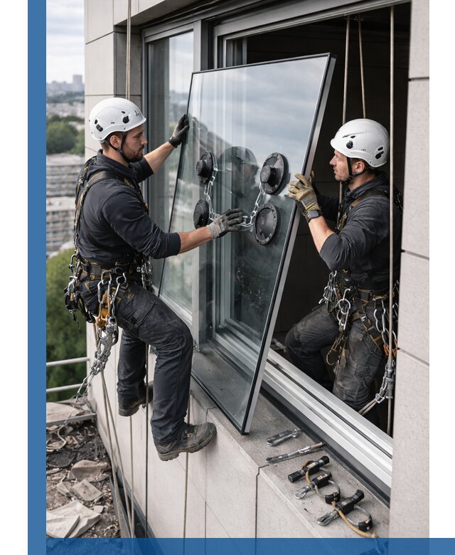 Замена стеклопакетов на высоте с промышленными альпинистами в Нижнекамске