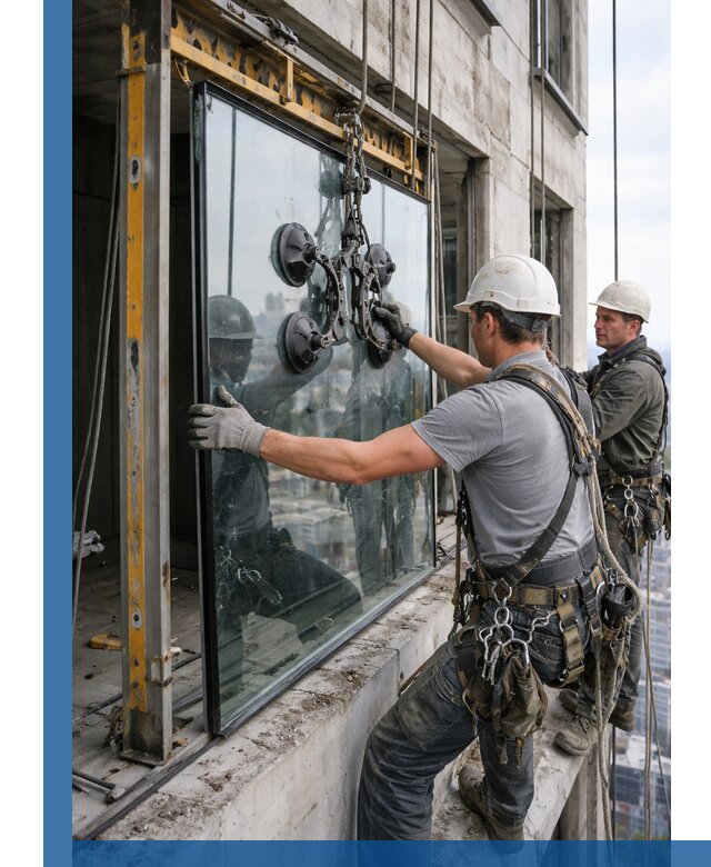 Монтаж стеклопакетов на высоте в Нижнекамске с промышленным альпинизмом