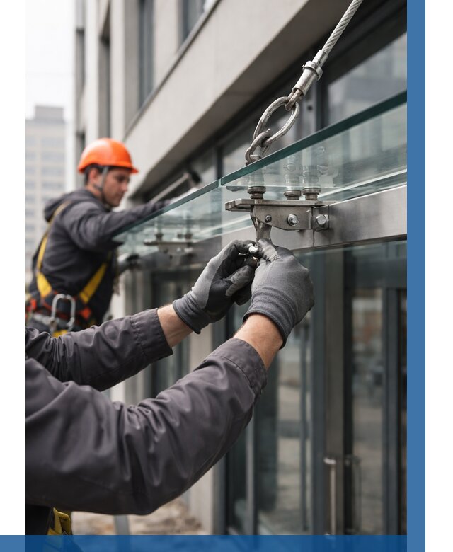 Монтаж стеклянных козырьков в Нижнекамске от 8618 р. | ВЫСОТНИК-Нжм