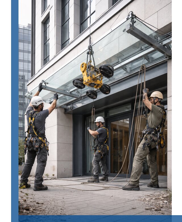 Монтаж стеклянных козырьков под ключ в Нижнекамске для зданий