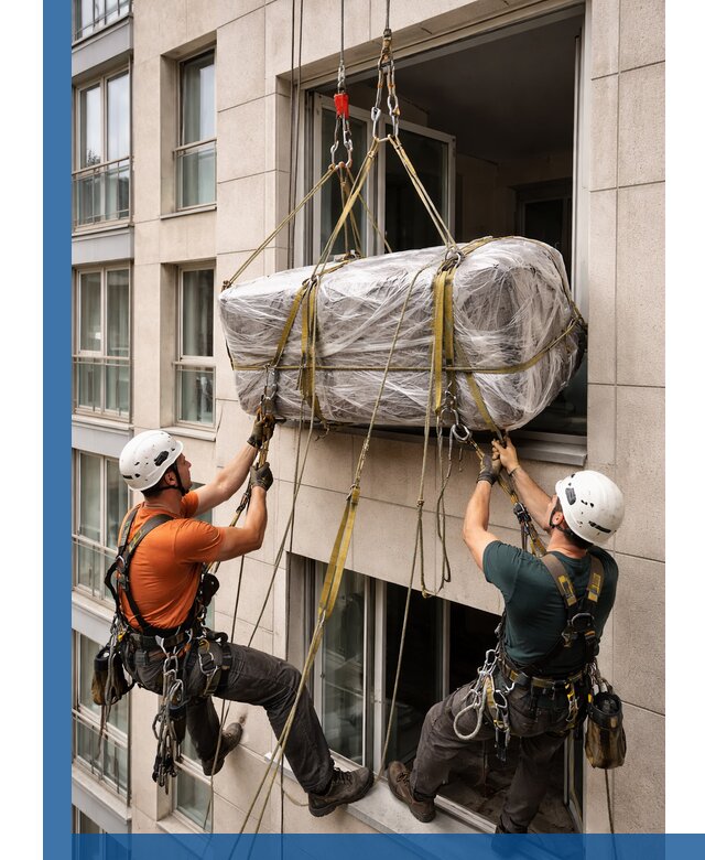Подъем грузов через окно в Нижнекамске промышленными альпинистами