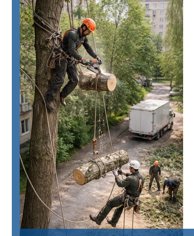 Спил деревьев альпинистами в Нижнекамске, безопасно и без повреждений