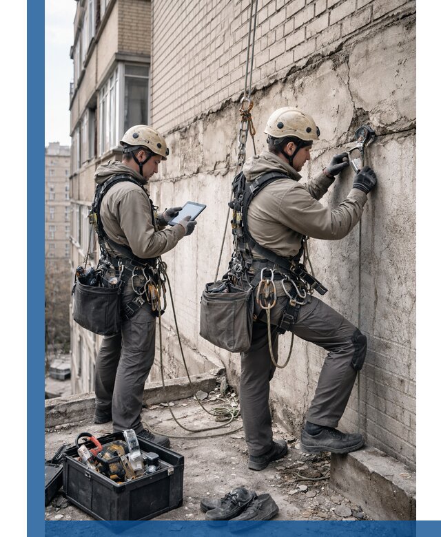 Обследование фасада промышленными альпинистами в Нижнекамске